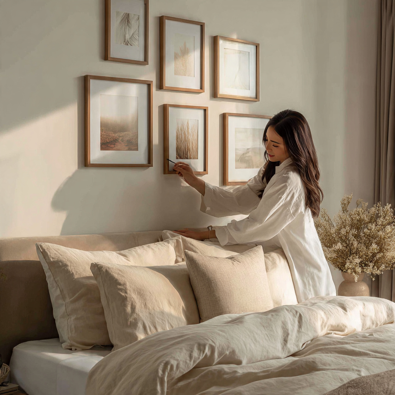 a beautifully styled bedroom painted in soft