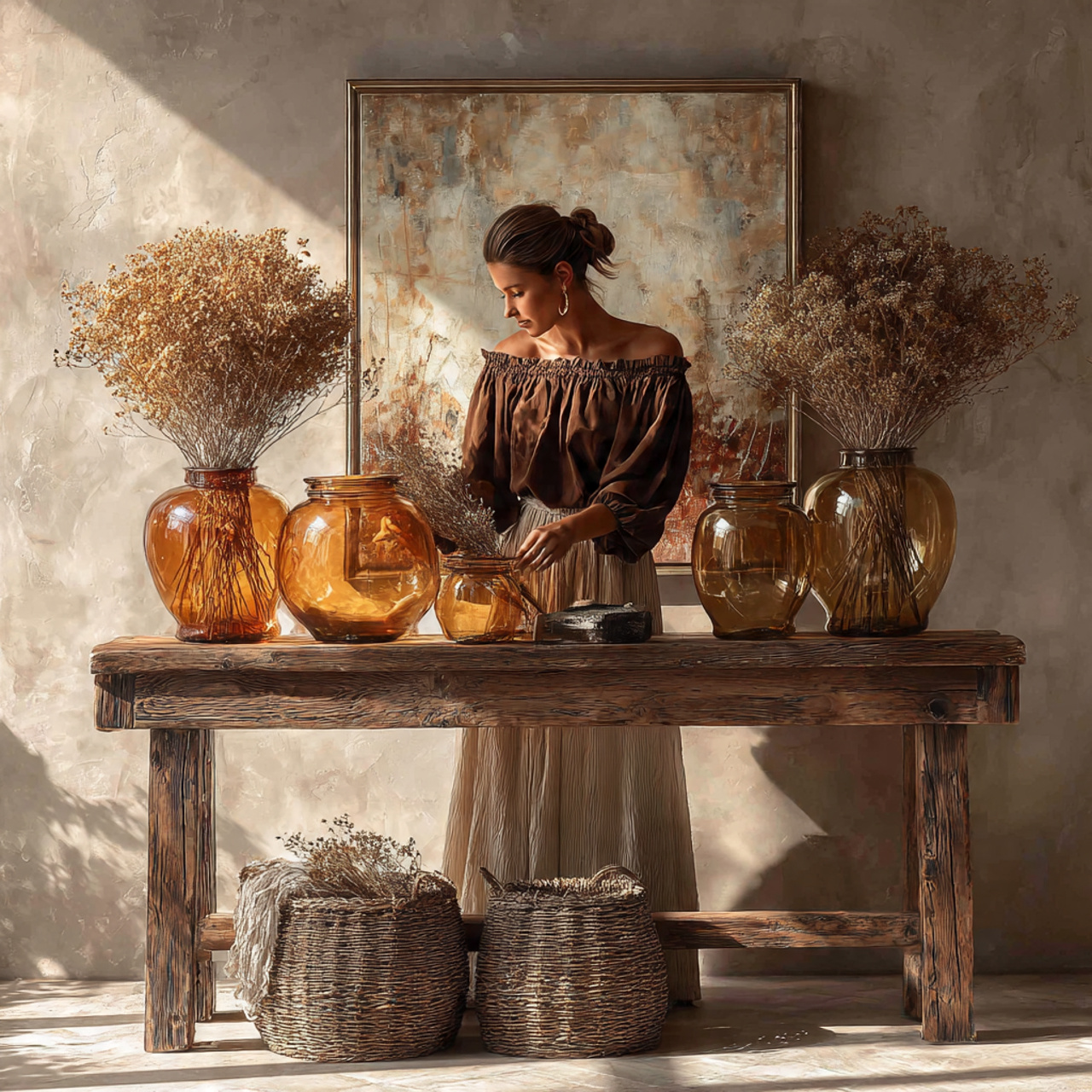 a beautifully styled console table with amber