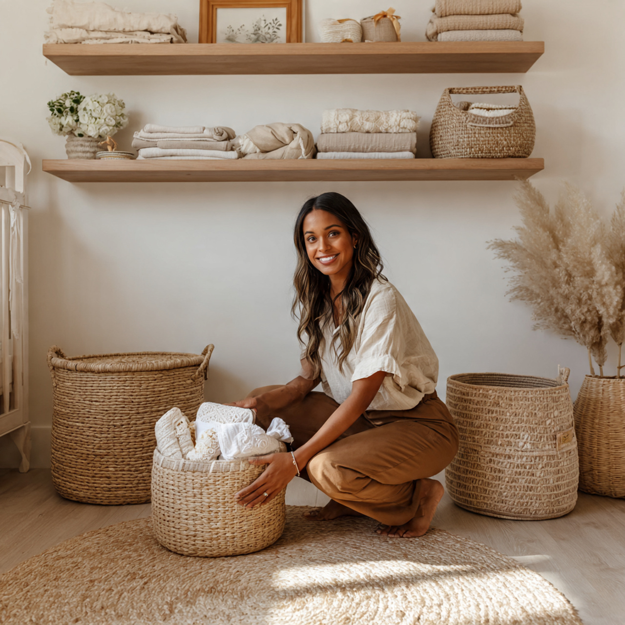 a beautifully styled nursery corner showcasing rattan