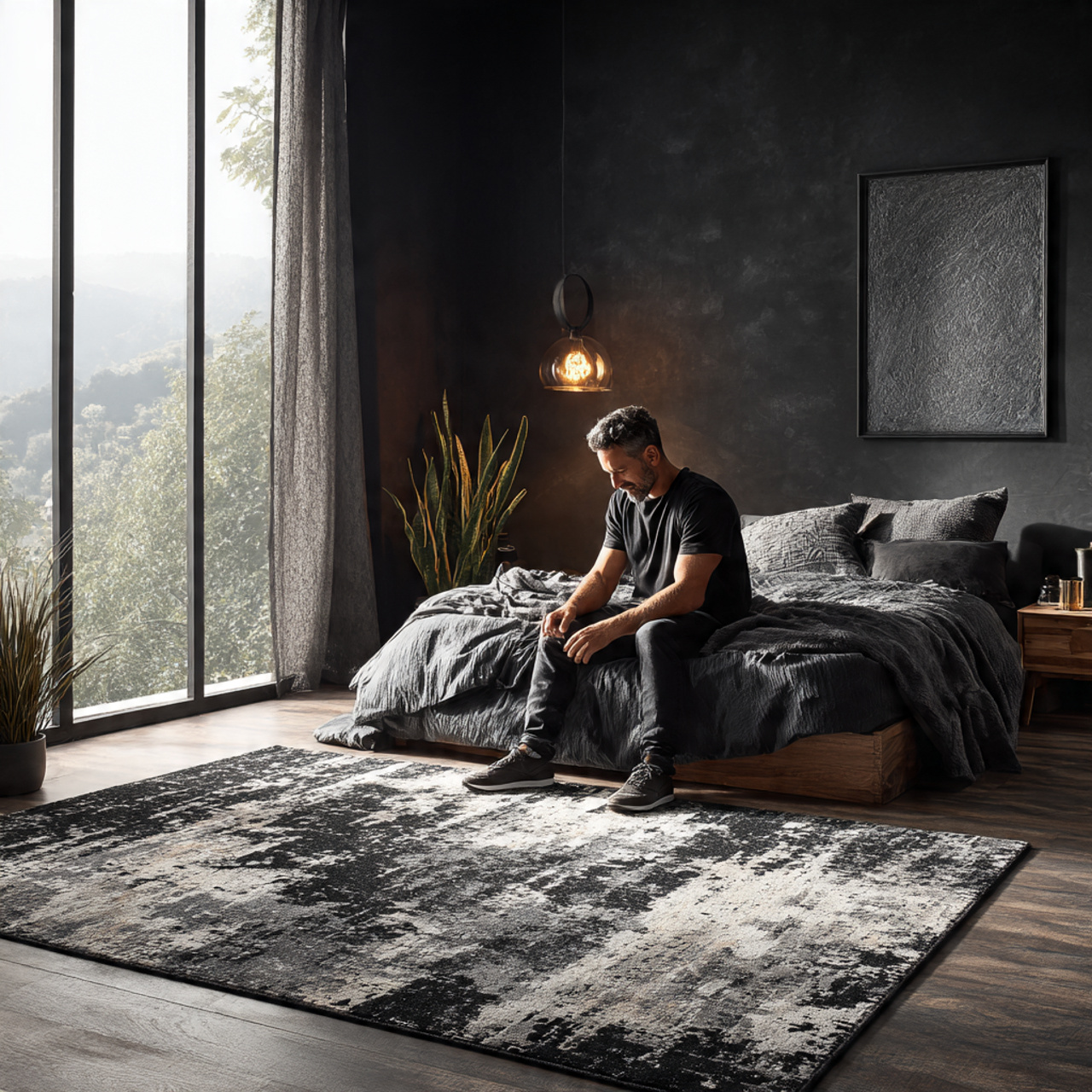 a bedroom with a bold black and white abstract 1