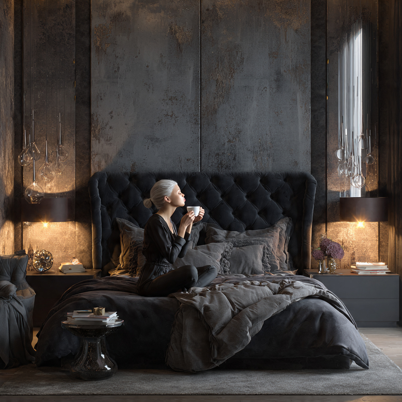 a bedroom with a luxurious velvet black 1