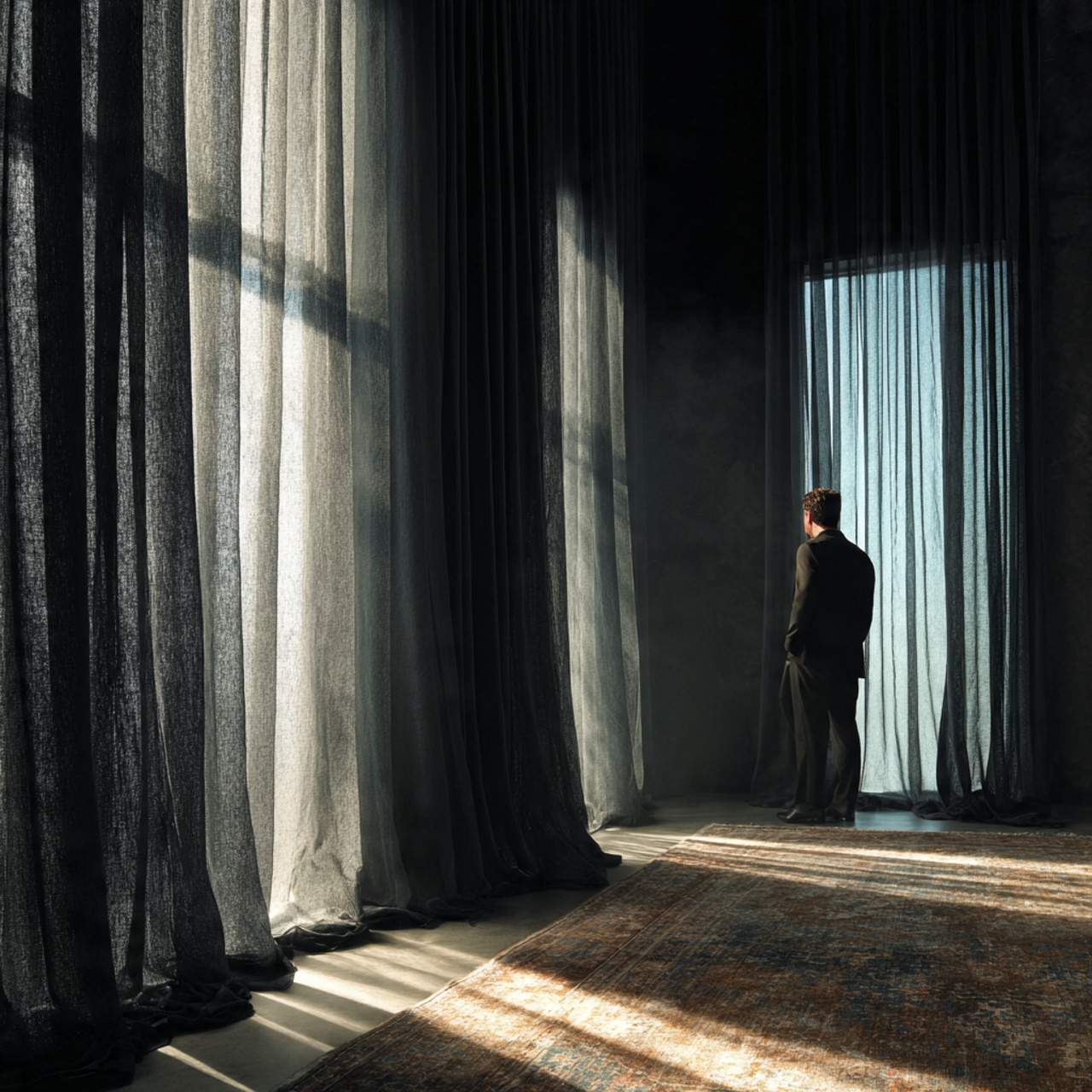 a bedroom with floor to ceiling sheer black curtains 1