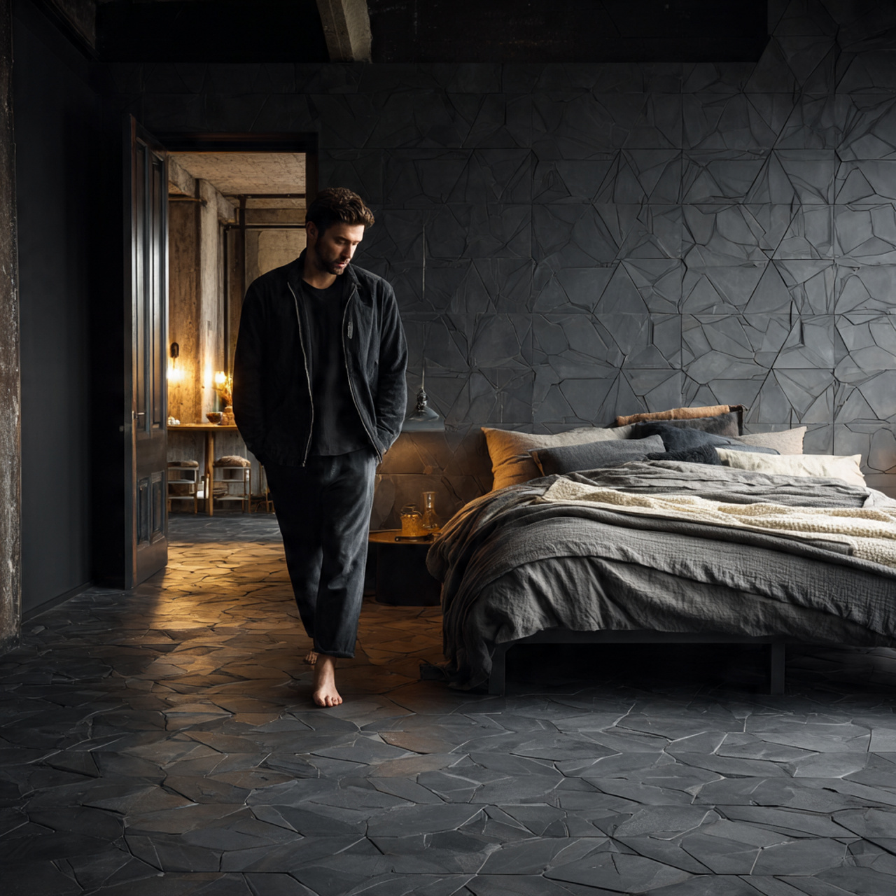 a bedroom with geometric black tiles on 1