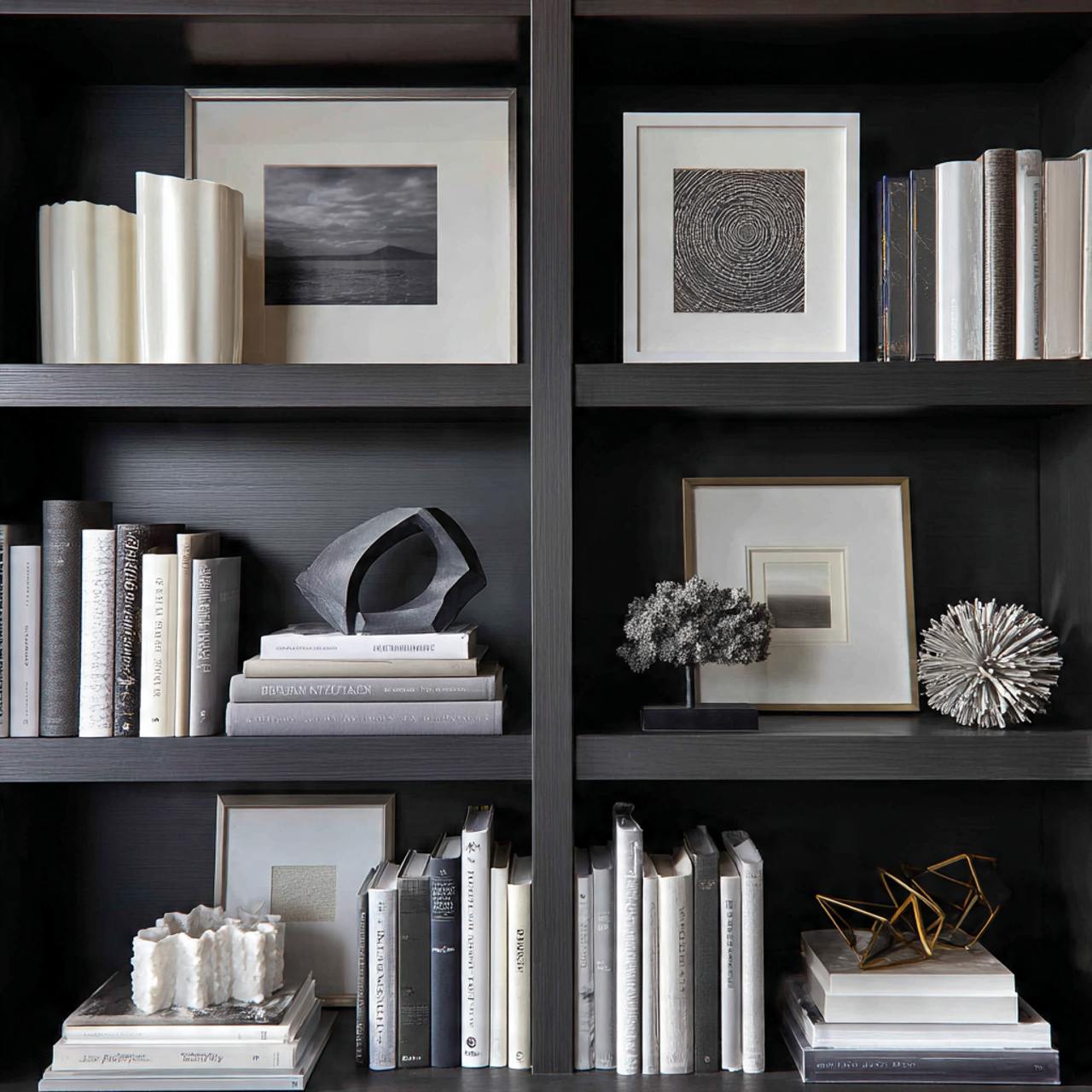 25 Elegant Black & White Bedroom Ideas | High-Contrast Style 14 a black and white styled bookshelf featuring carefully arranged