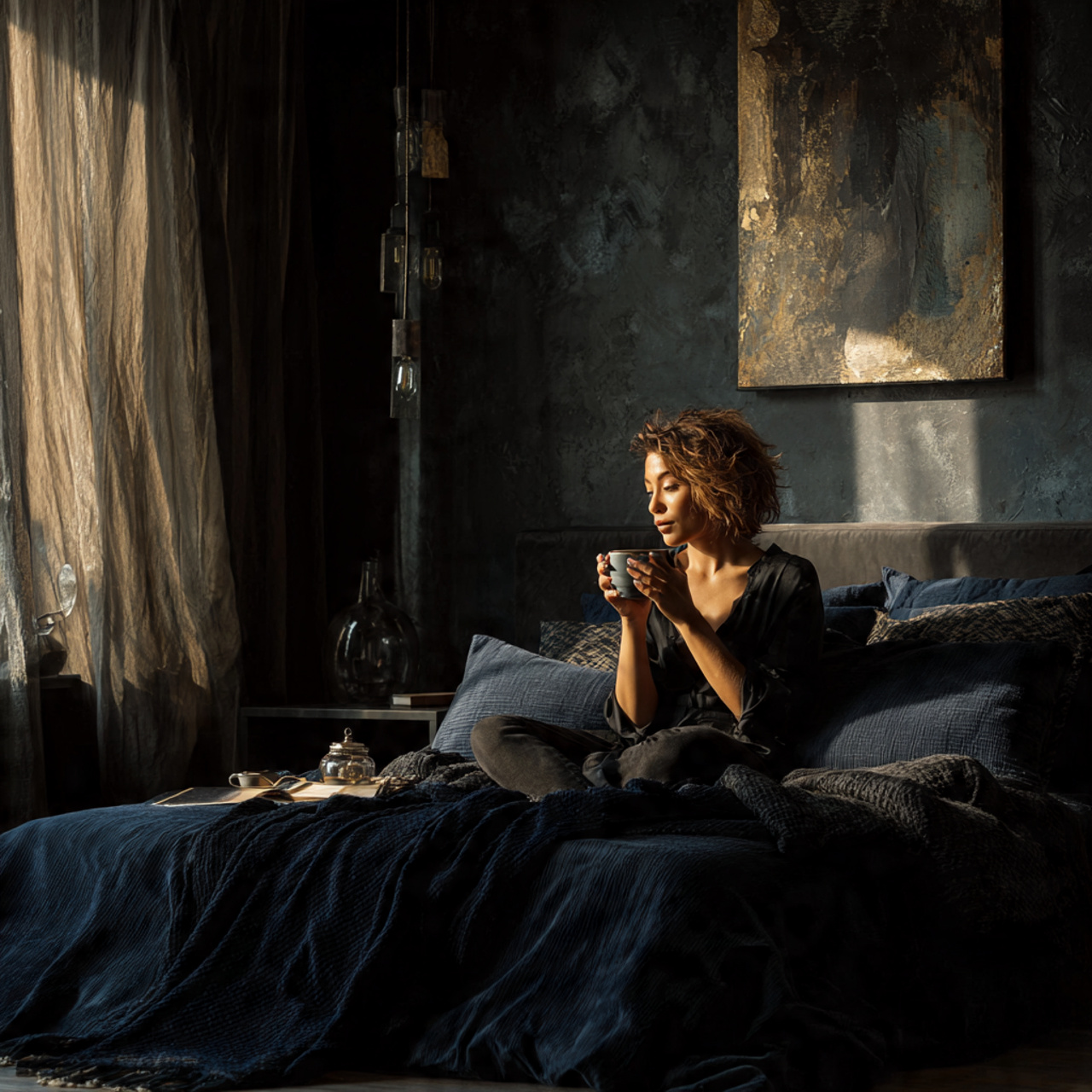 a black bedroom accented with deep navy 2