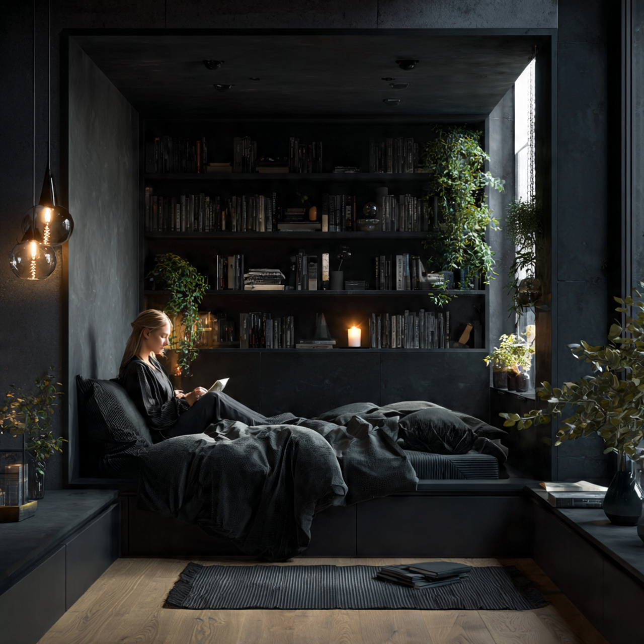 a black bedroom featuring a built in black 1