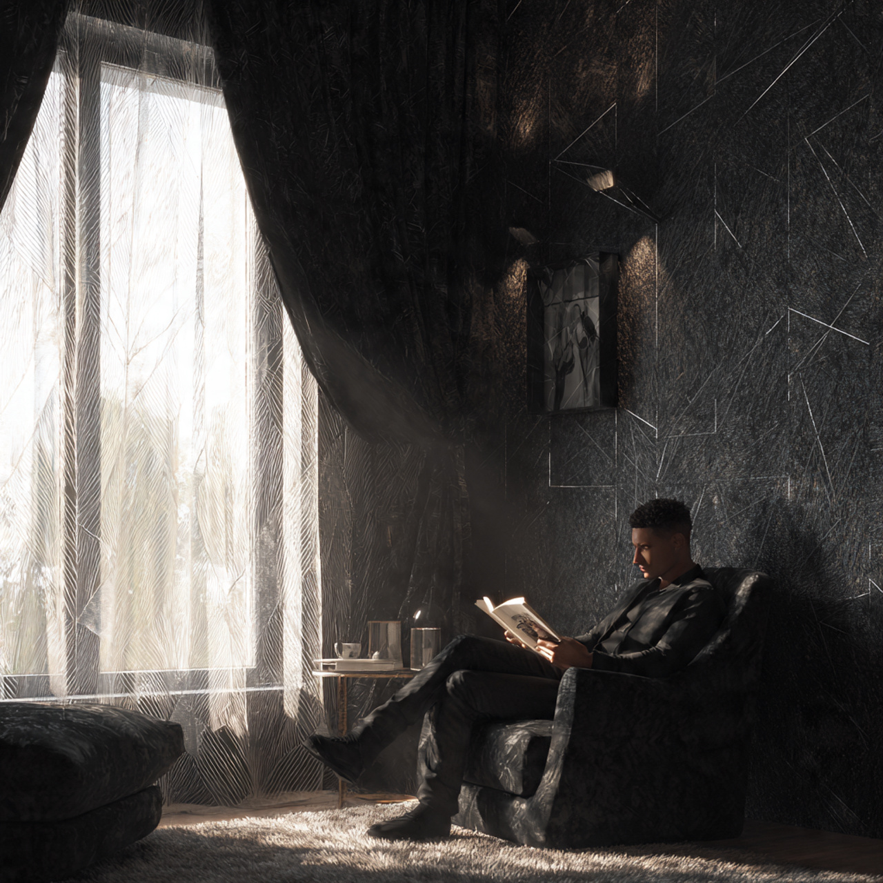 a black bedroom featuring textured black wallpaper 1