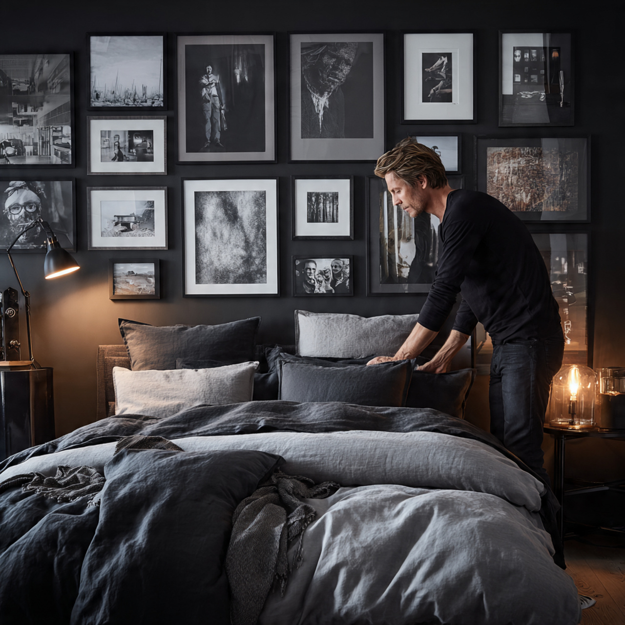 a black bedroom with a monochrome gallery 2