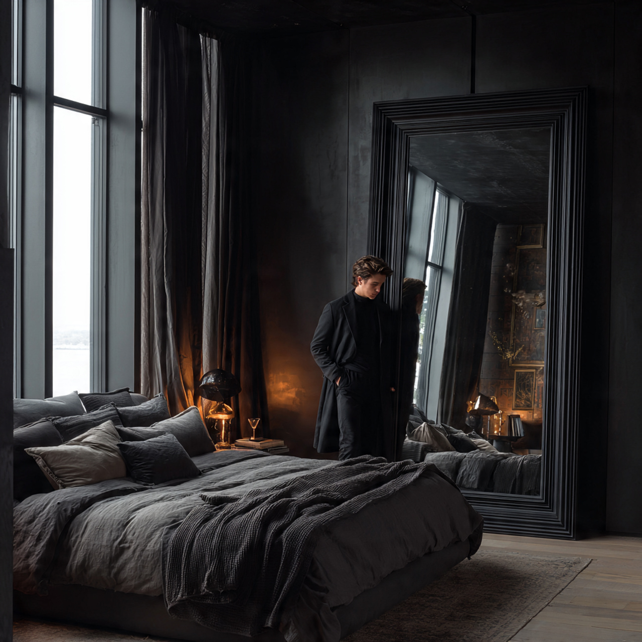 a black bedroom with an oversized black framed 1
