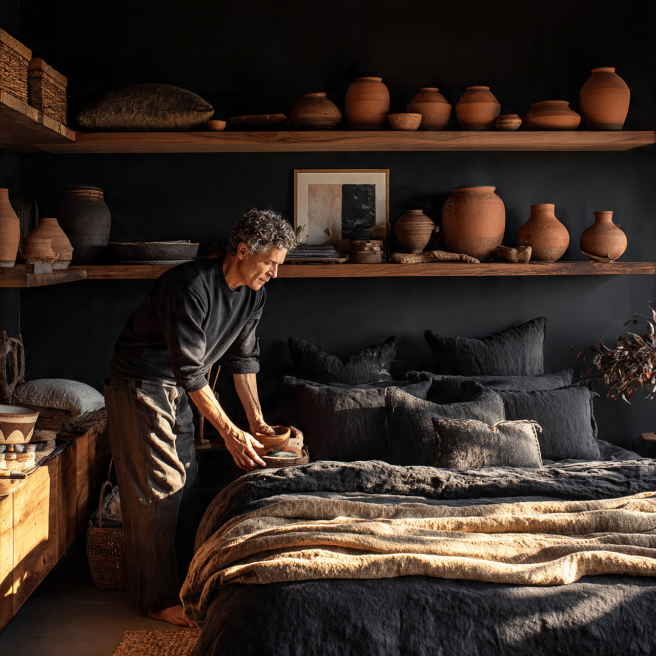 a black bedroom with black walls paired 1