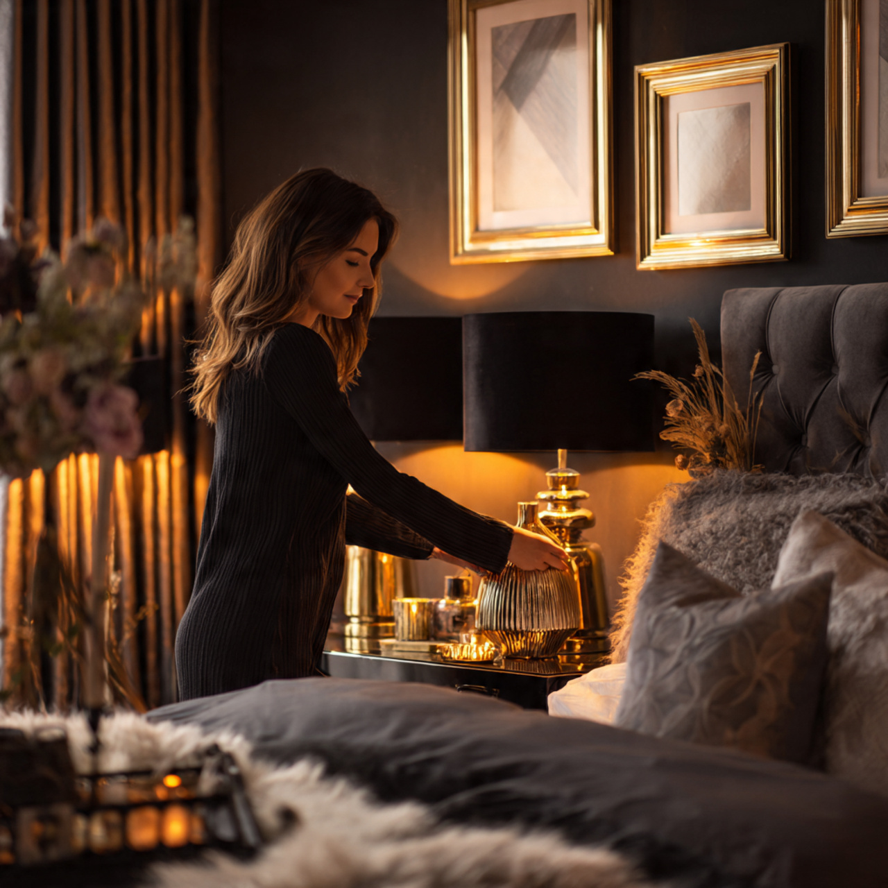 a black bedroom with gold and brass 1