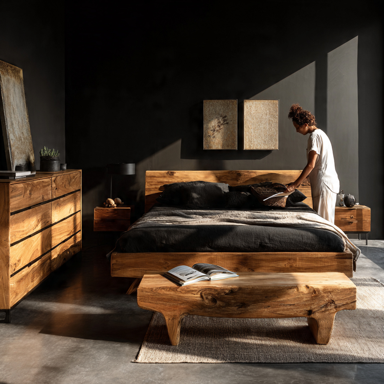 a black bedroom with natural wood furniture 1