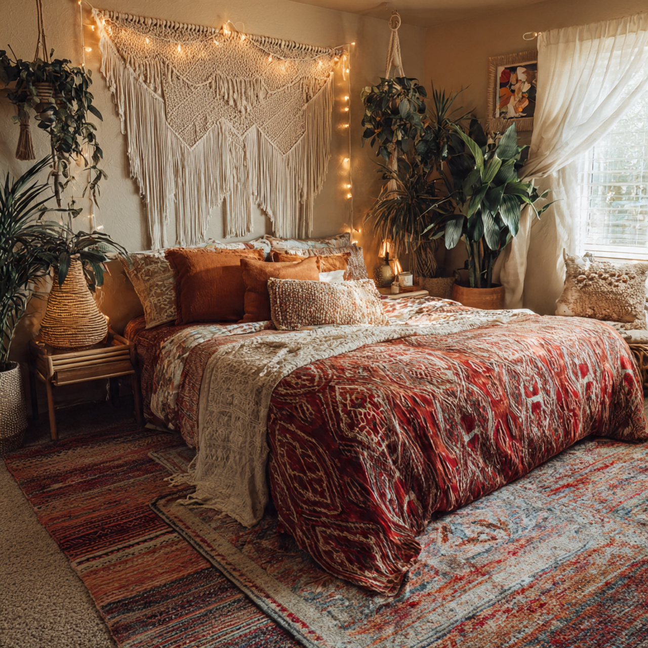 a bohemian bedroom filled with layered rugs
