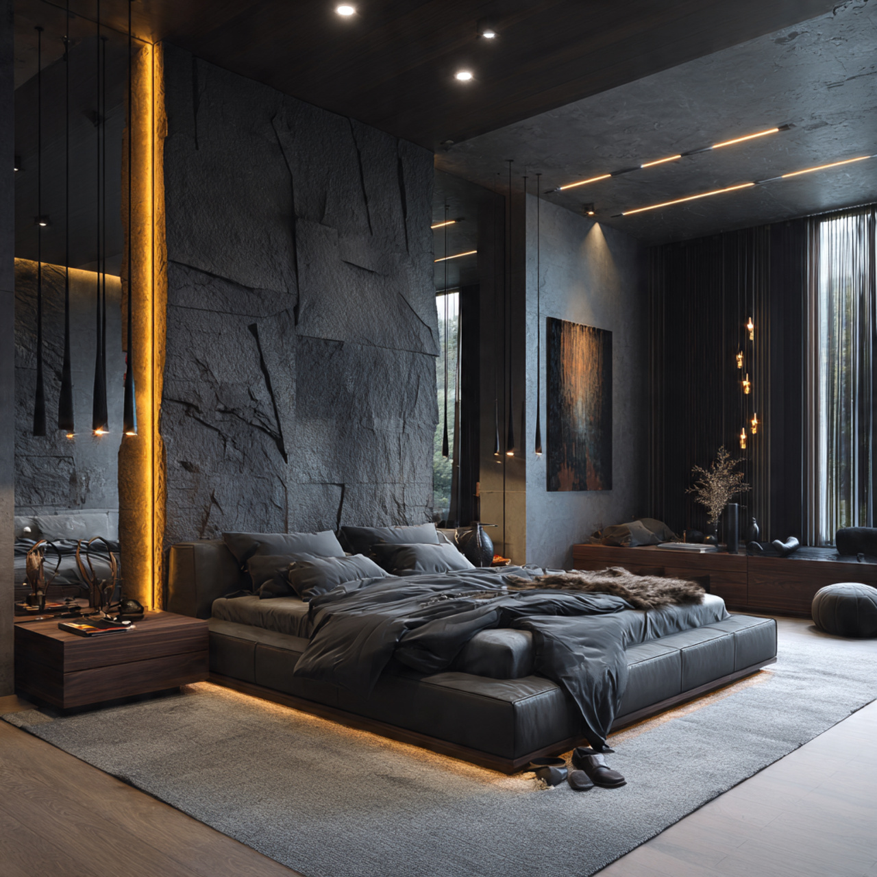 a bold masculine modern bedroom with dark