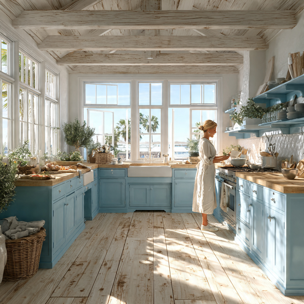 a bright airy kitchen featuring light blue 1