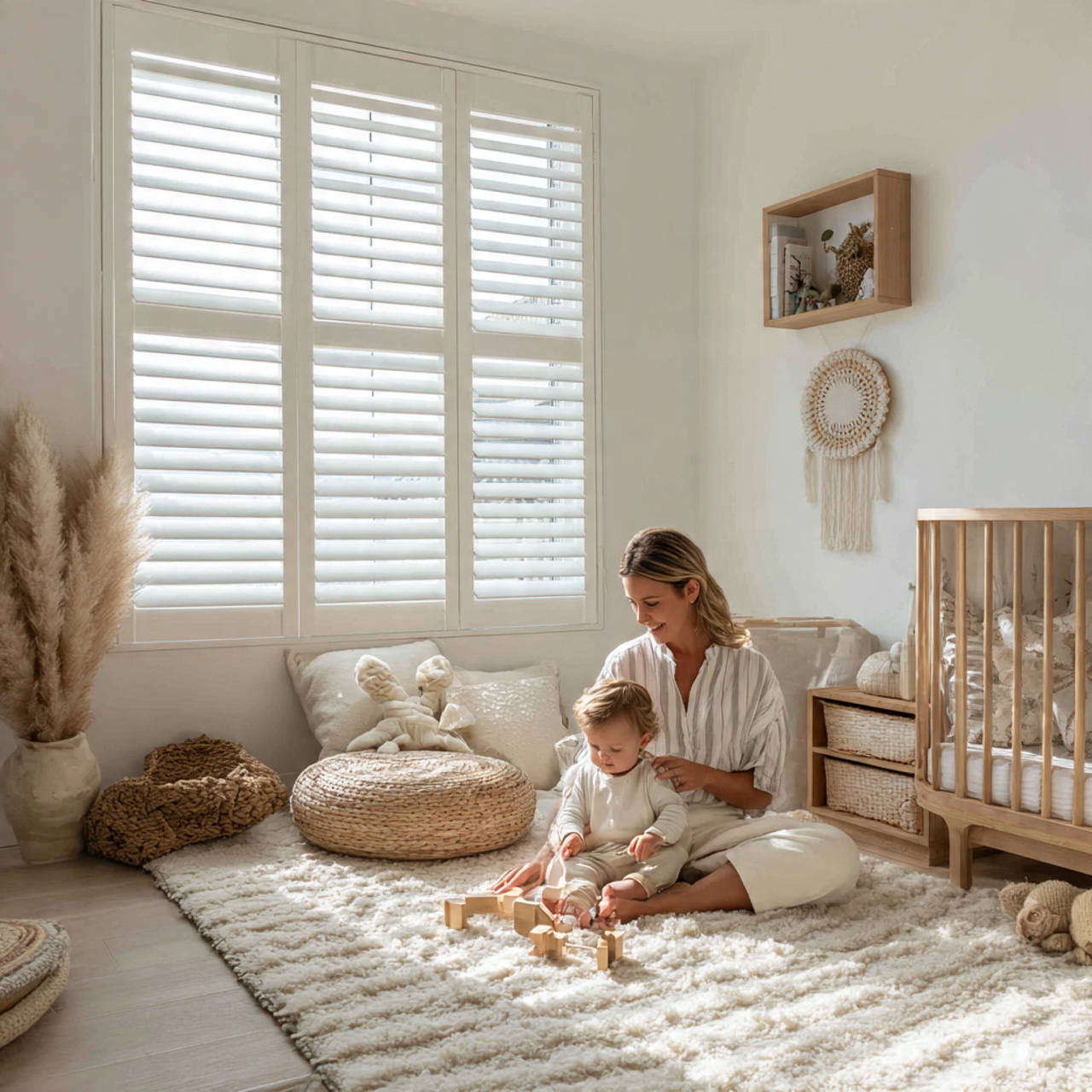 a bright airy nursery with white and