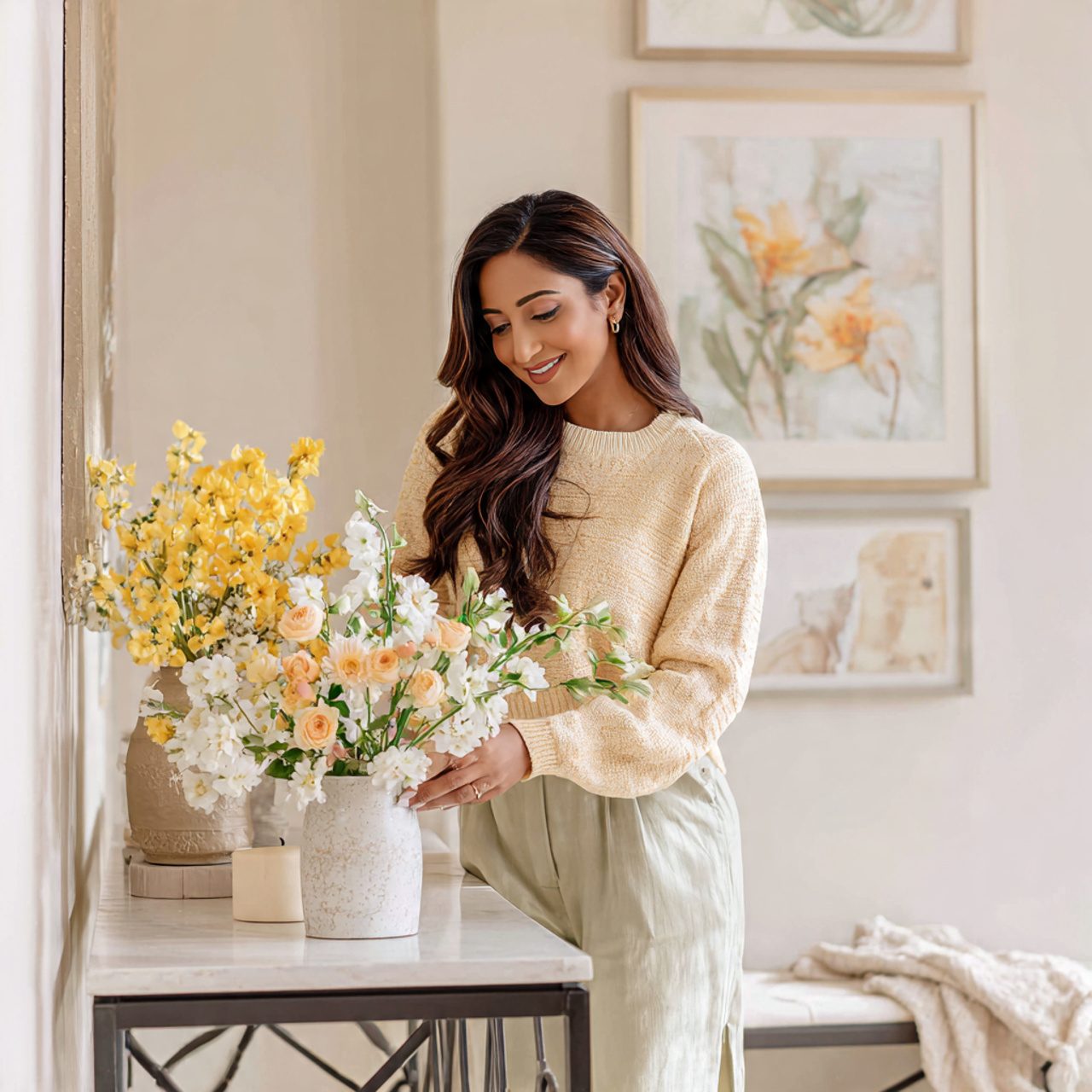 a bright cheerful foyer styled with entryway