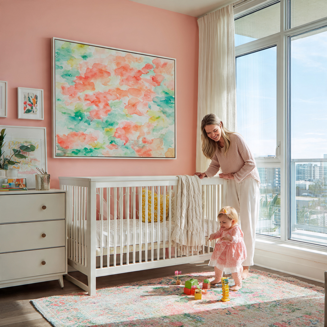 a bright cheerful nursery decorated in coral