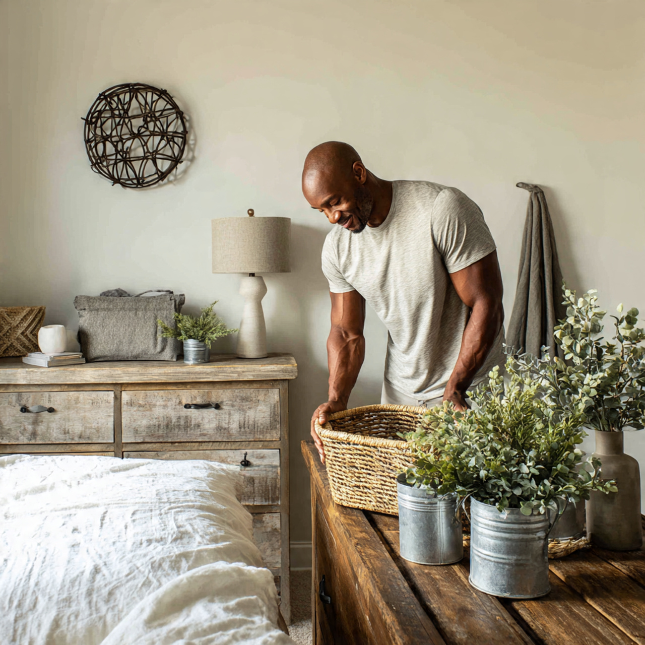 25 Farmhouse Bedroom Ideas to Create a Warm, Elegant Retreat 12 a bright farmhouse bedroom styled with galvanized 1