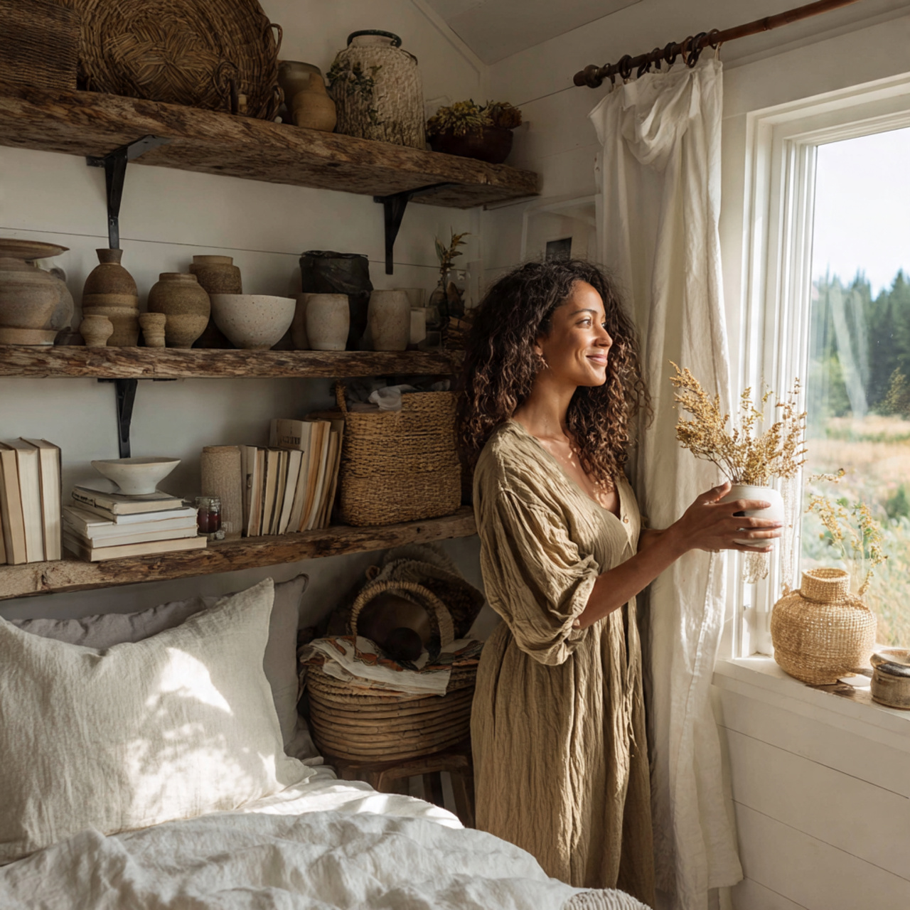 25 Farmhouse Bedroom Ideas to Create a Warm, Elegant Retreat 9 a bright farmhouse bedroom with floating open 1