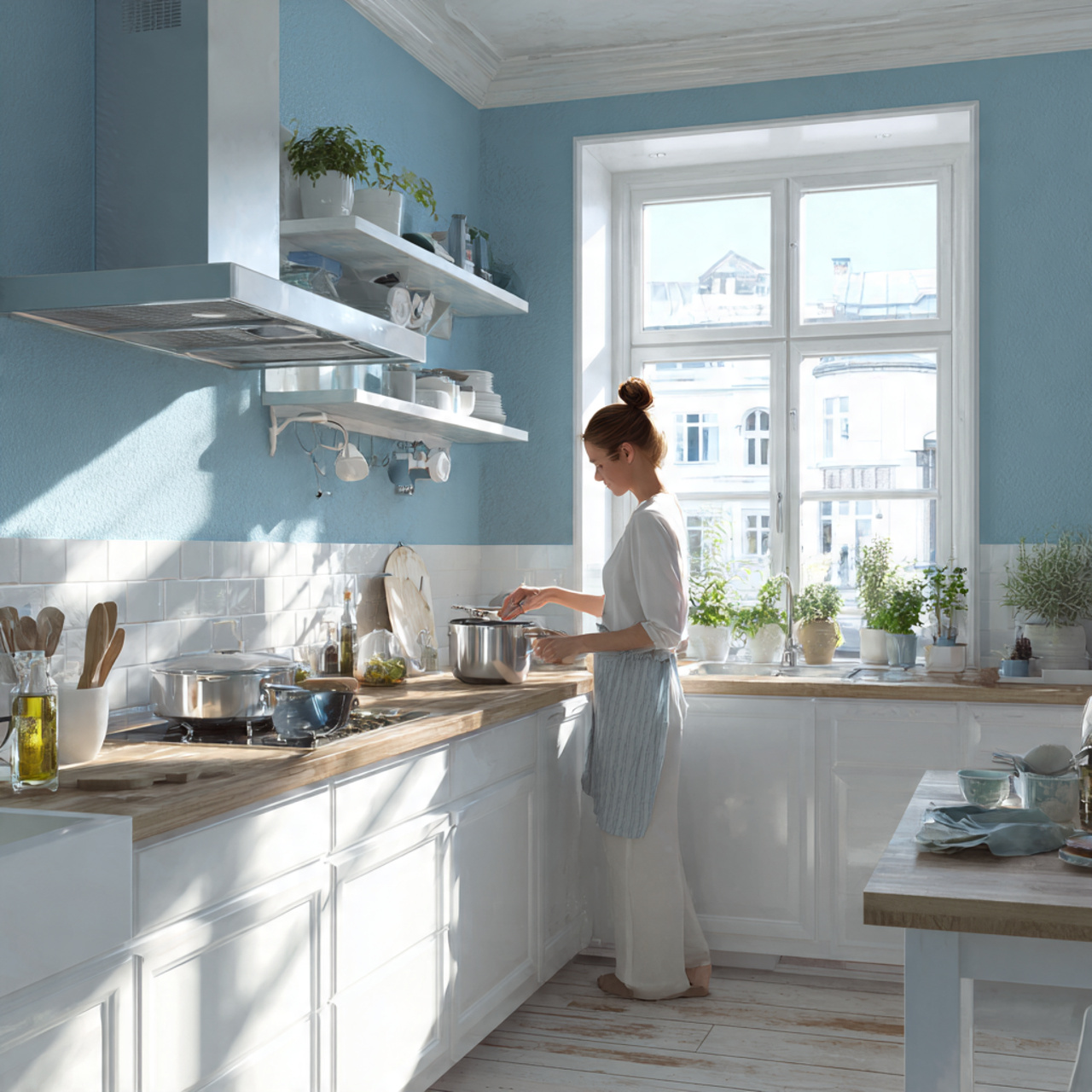a bright kitchen with sky blue accent 1