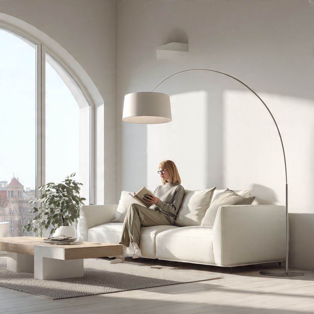 a bright minimalist white living room with