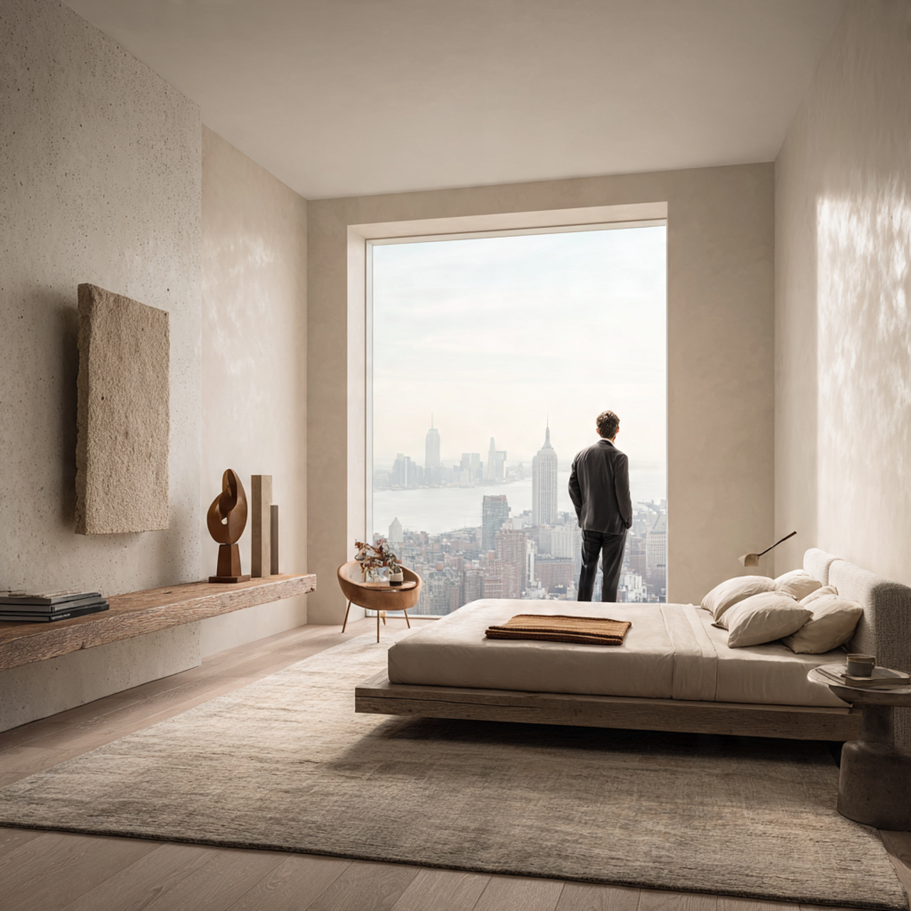 a bright modern bedroom with a small