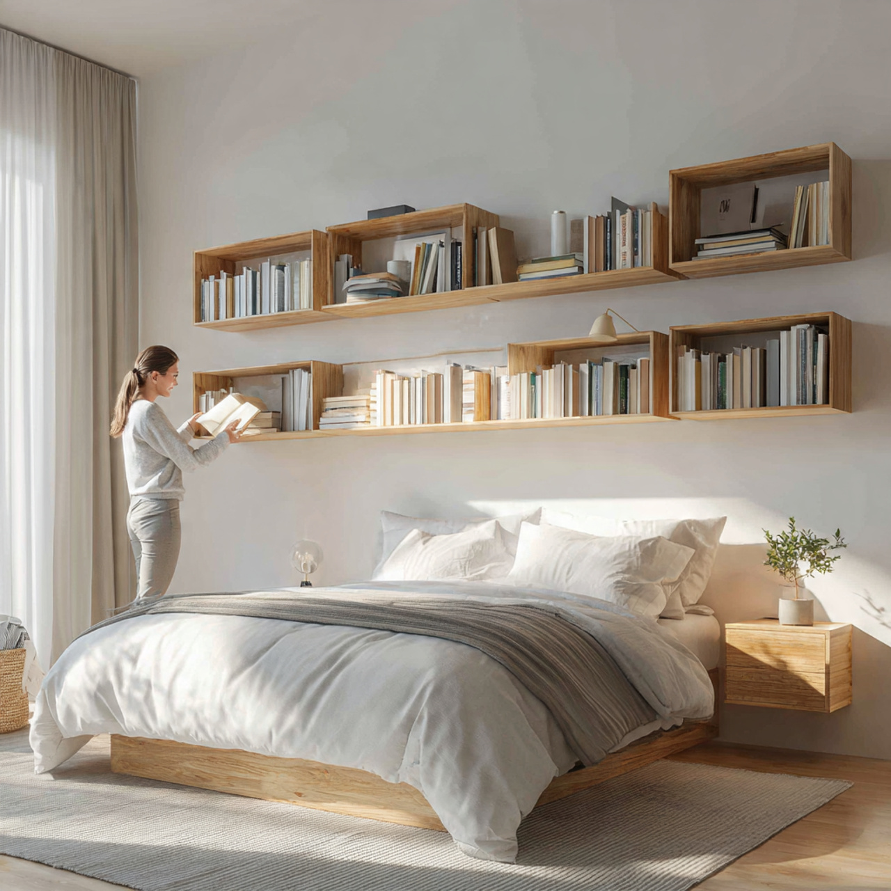 a bright modern bedroom with floating wooden