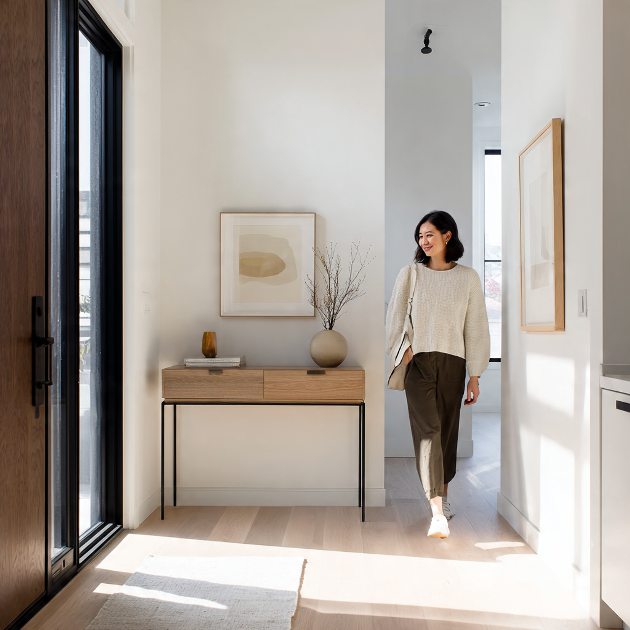 a bright modern foyer showcasing entryway decor