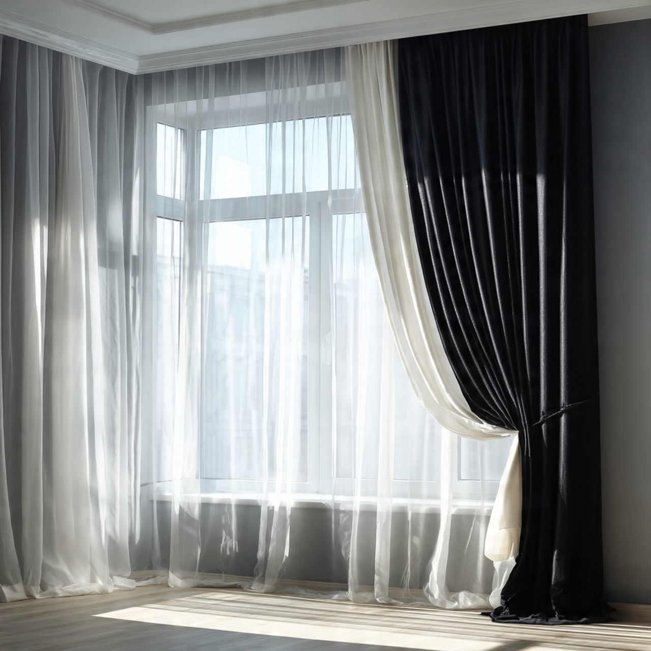 25 Elegant Black & White Bedroom Ideas | High-Contrast Style 4 a bright room showcasing layered window treatments