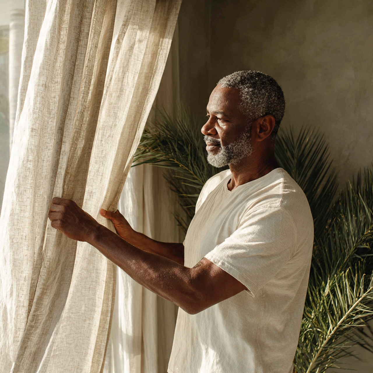a bright room with sandy beige linen