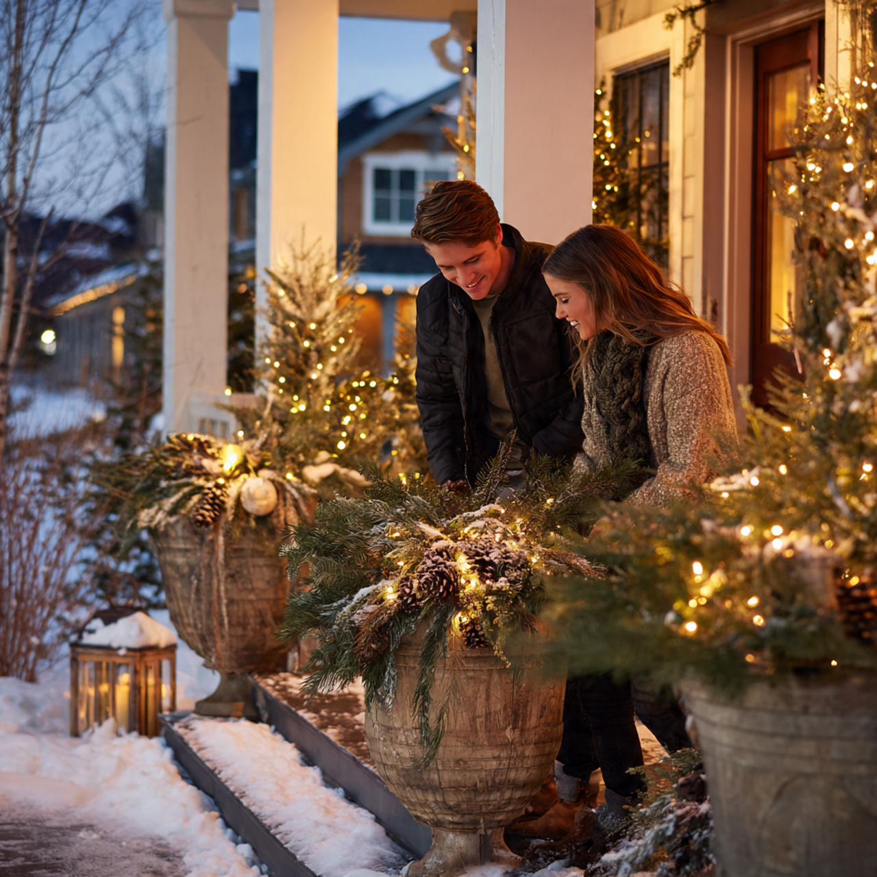 a charming front porch decorated with evergreen