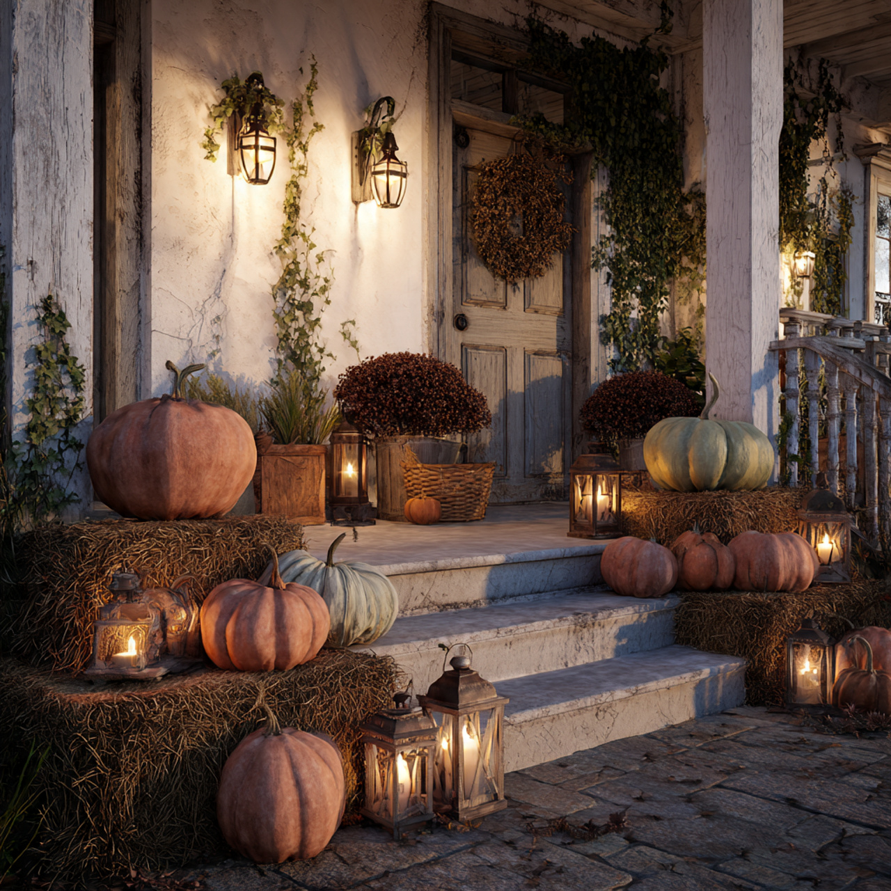 a charming front porch with tiered pumpkins