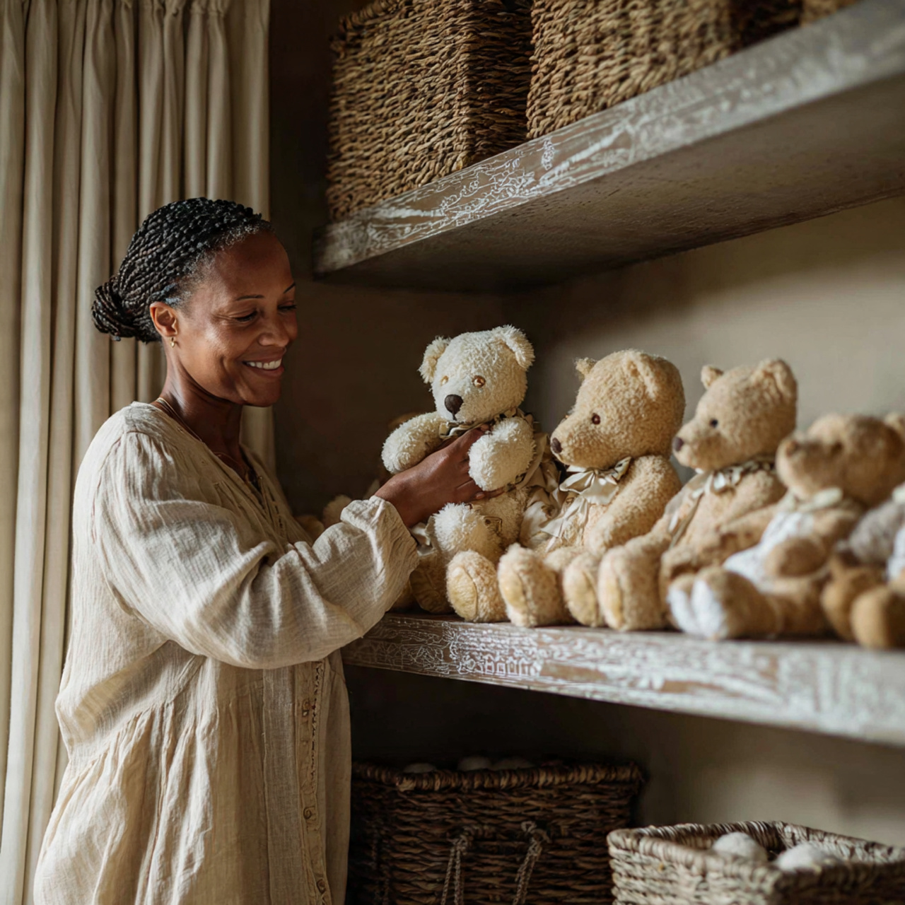a charming nursery shelf filled with vintage style
