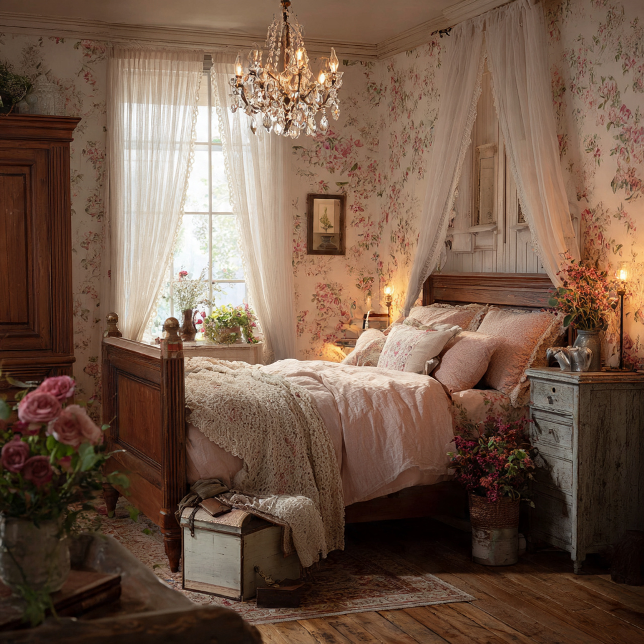 a charming vintage inspired bedroom with antique wooden