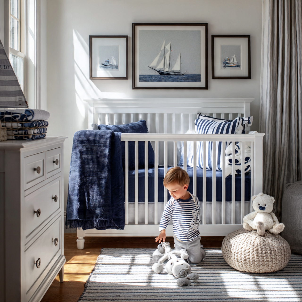 a classic nautical themed nursery with navy and