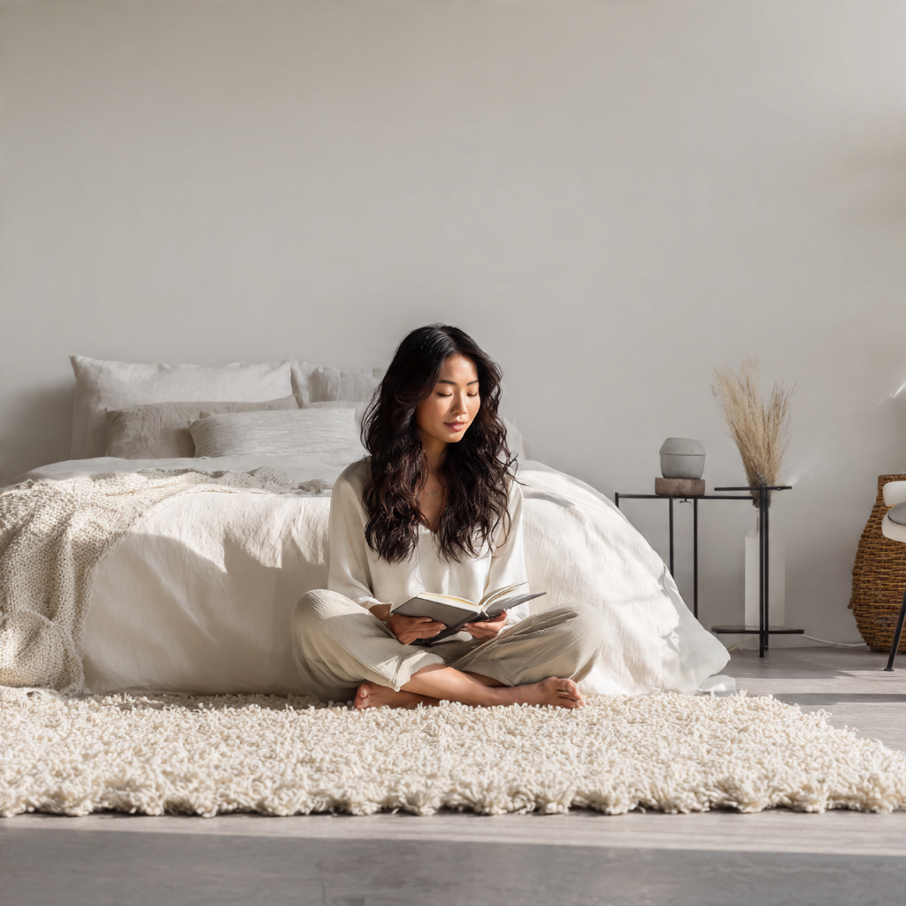 a clean minimalist bedroom featuring bedroom color