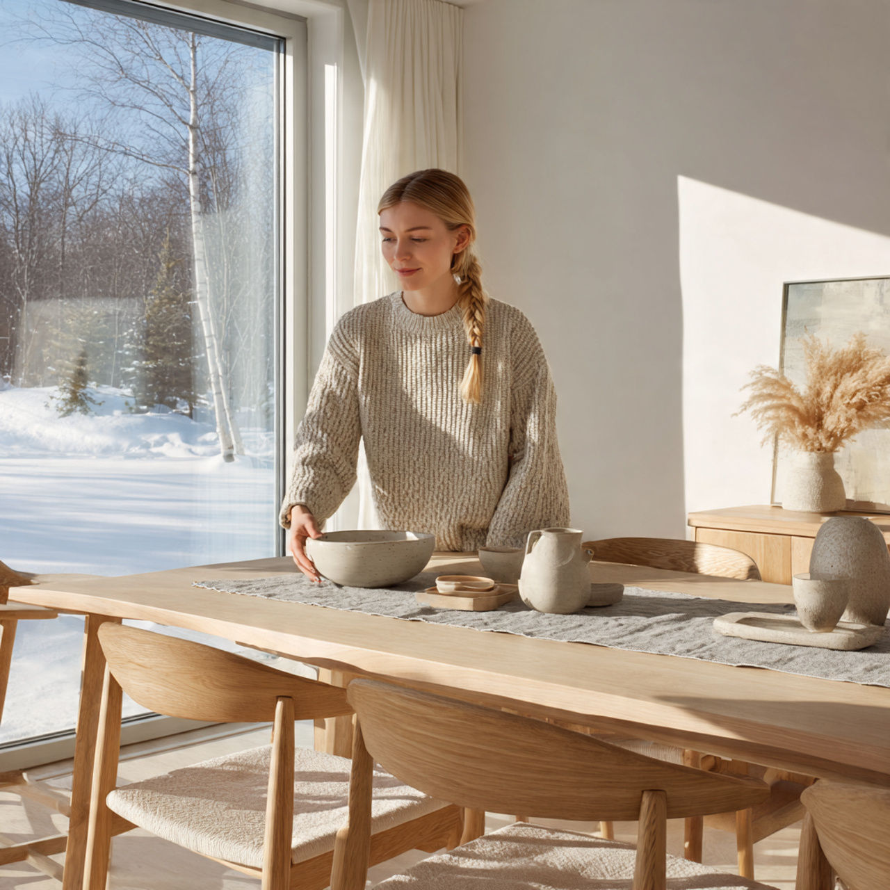 a clean minimalist dining room displaying scandinavian inspired