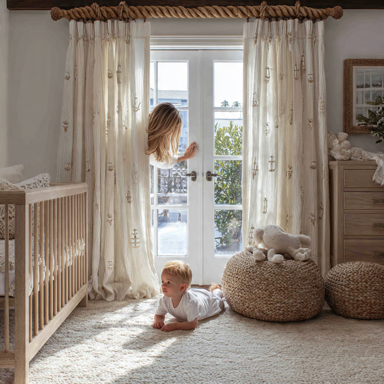 a coastal nursery with sheer curtains held