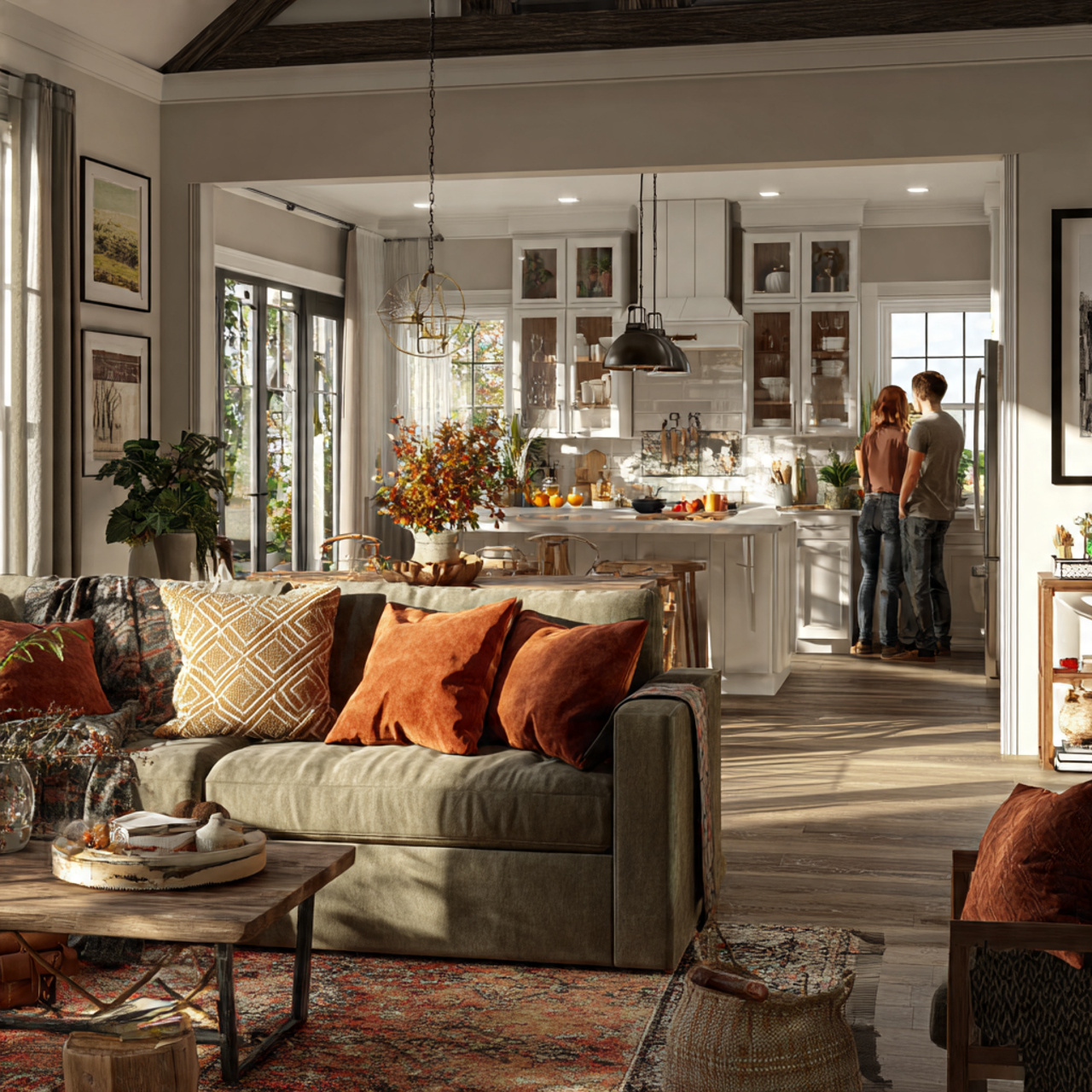 a cohesive living room kitchen and entryway