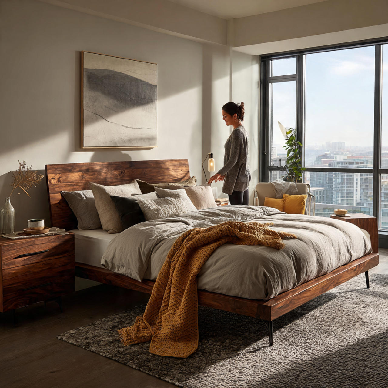 a contemporary bedroom featuring a walnut wood
