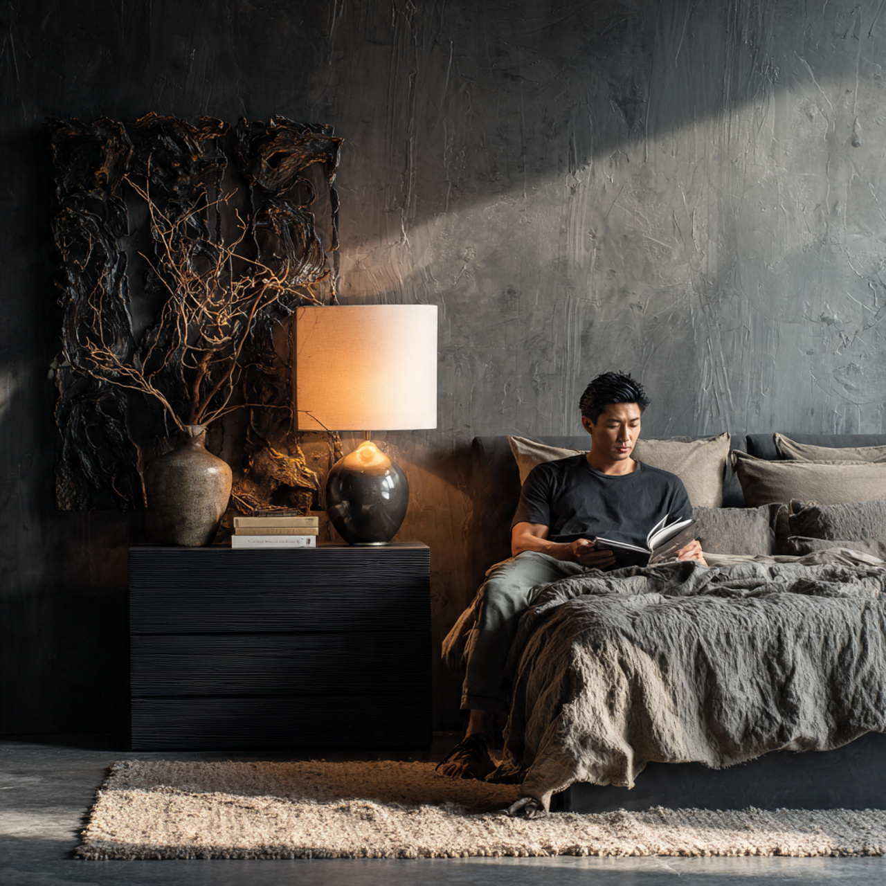 a contemporary bedroom with a sculptural black 1