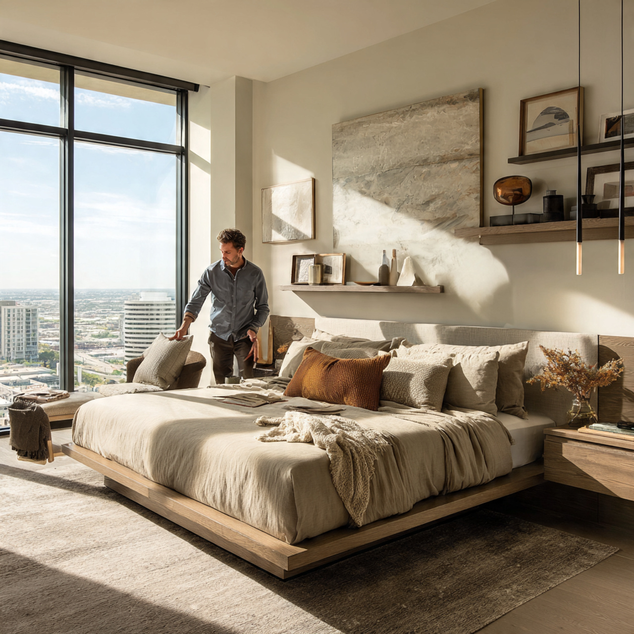 a contemporary bedroom with an asymmetrical layout