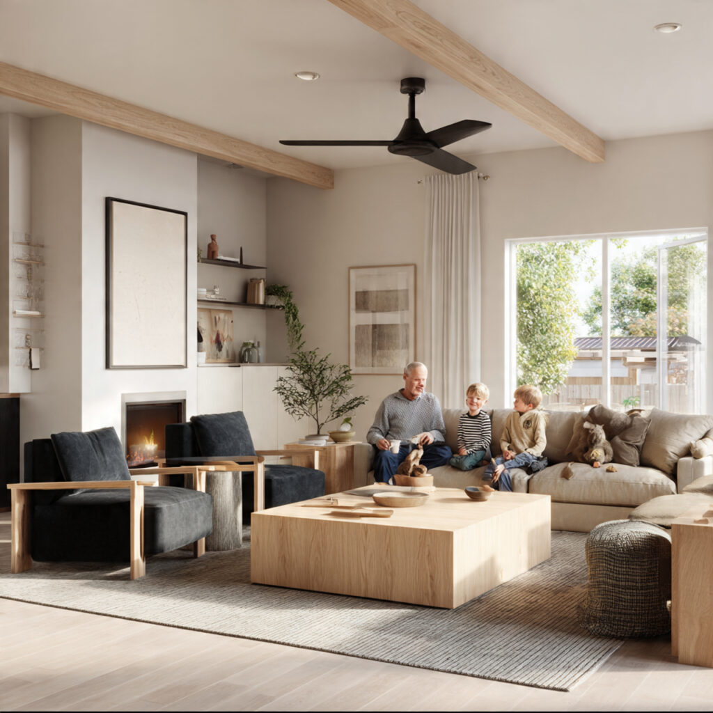 a contemporary japandi style living room with light