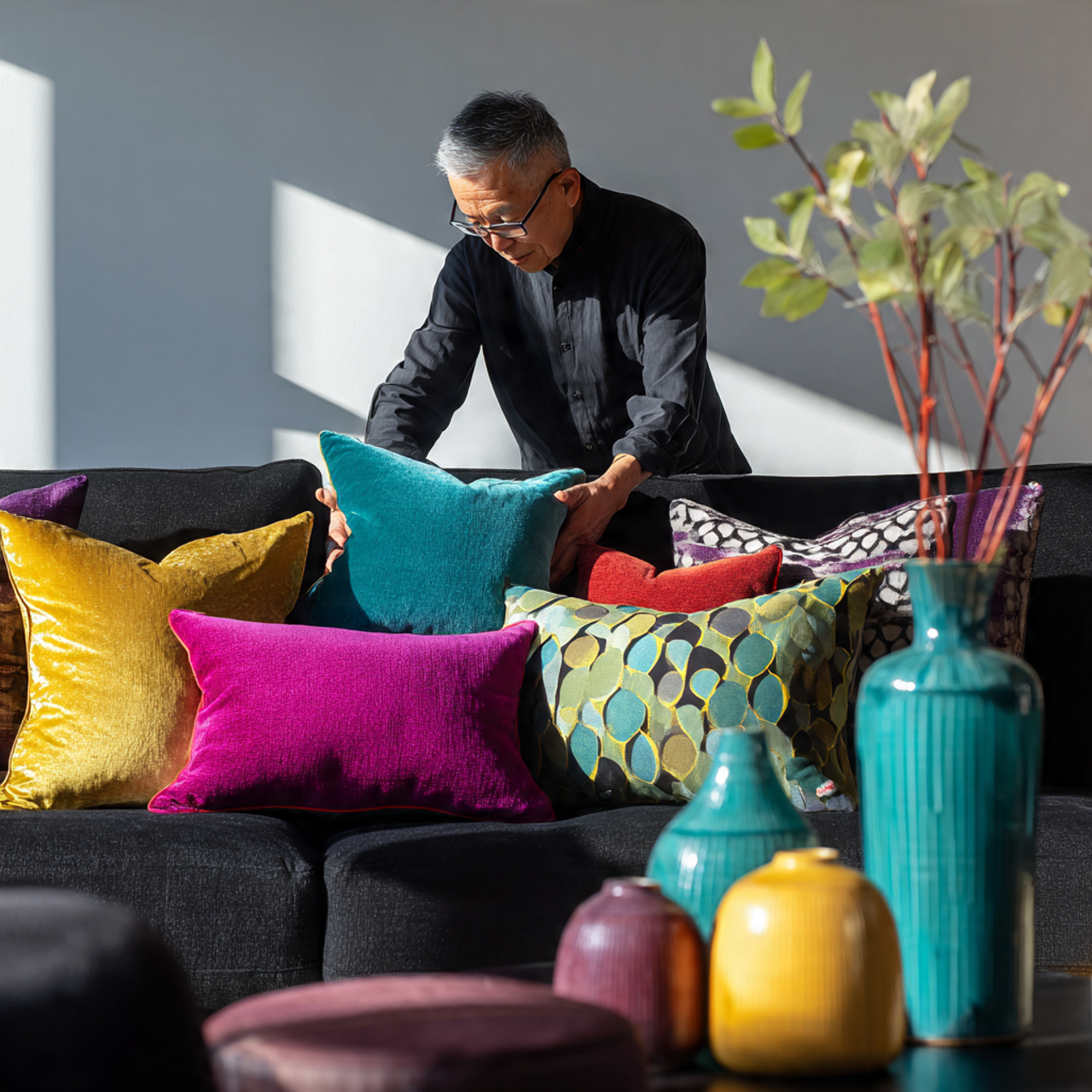 a contemporary living room featuring a black 4