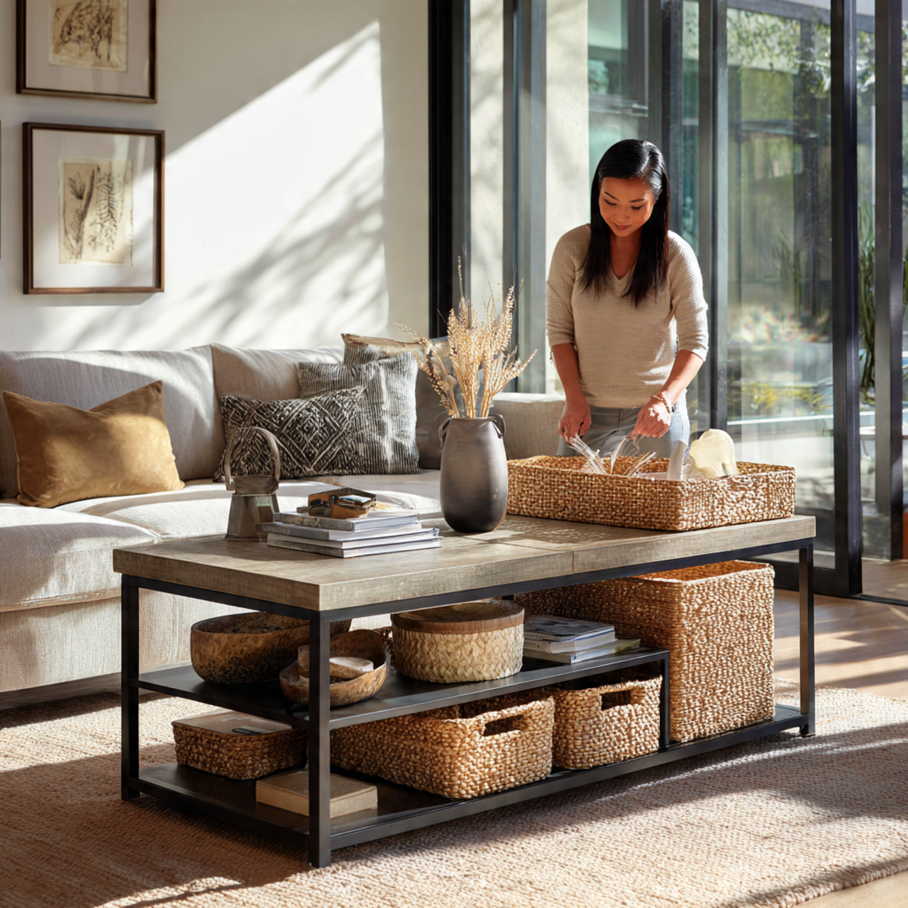 a contemporary living room with a dual level