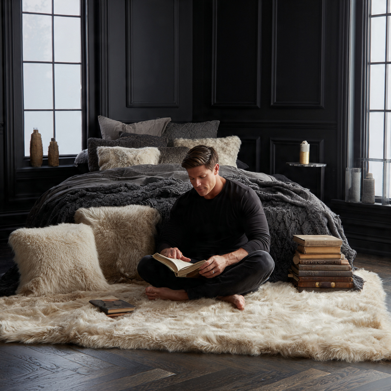a cozy black bedroom with faux fur 1