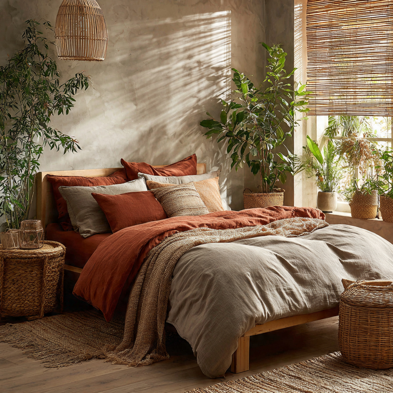 a cozy earthy bedroom using natural materials