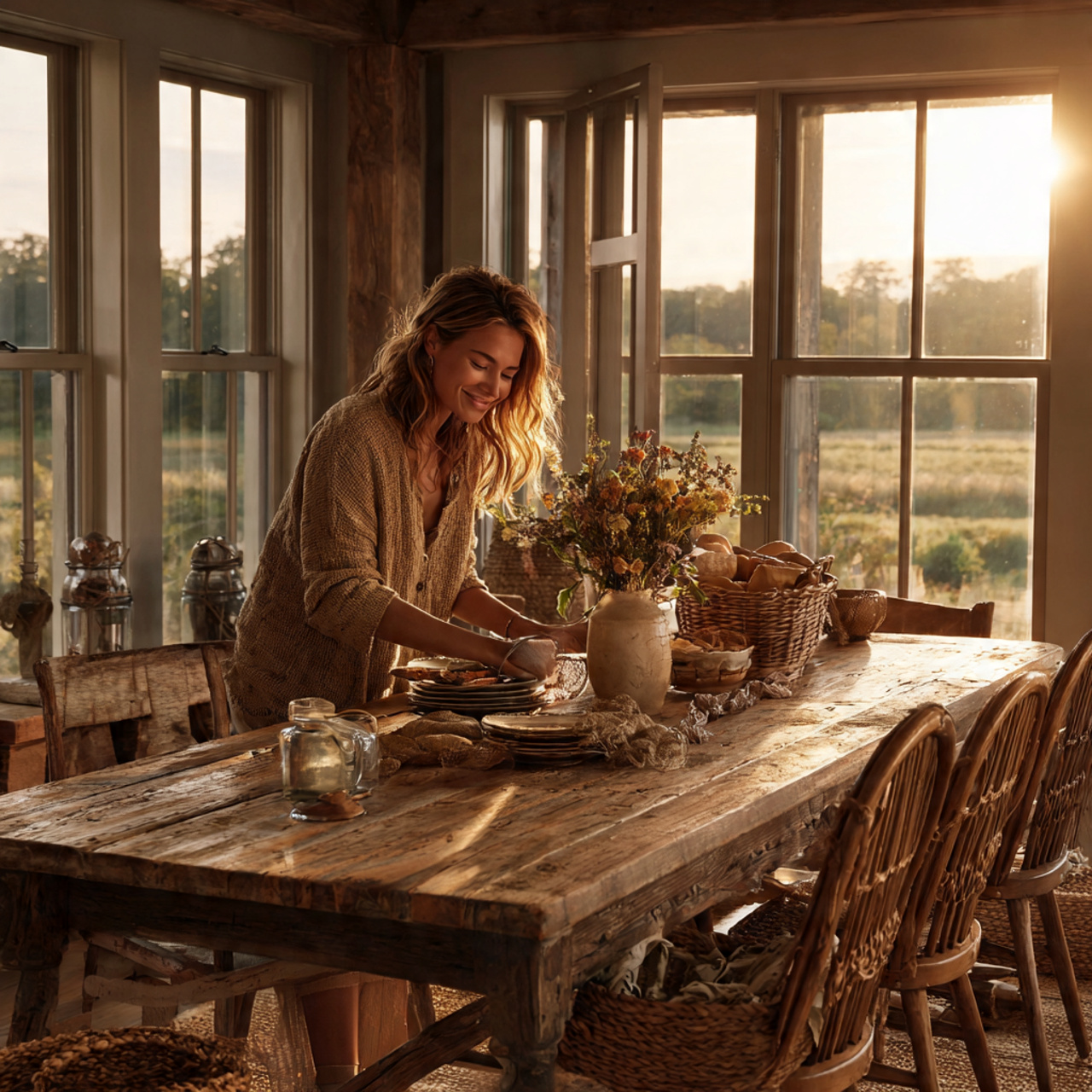 a cozy farmhouse inspired dining room displaying rustic