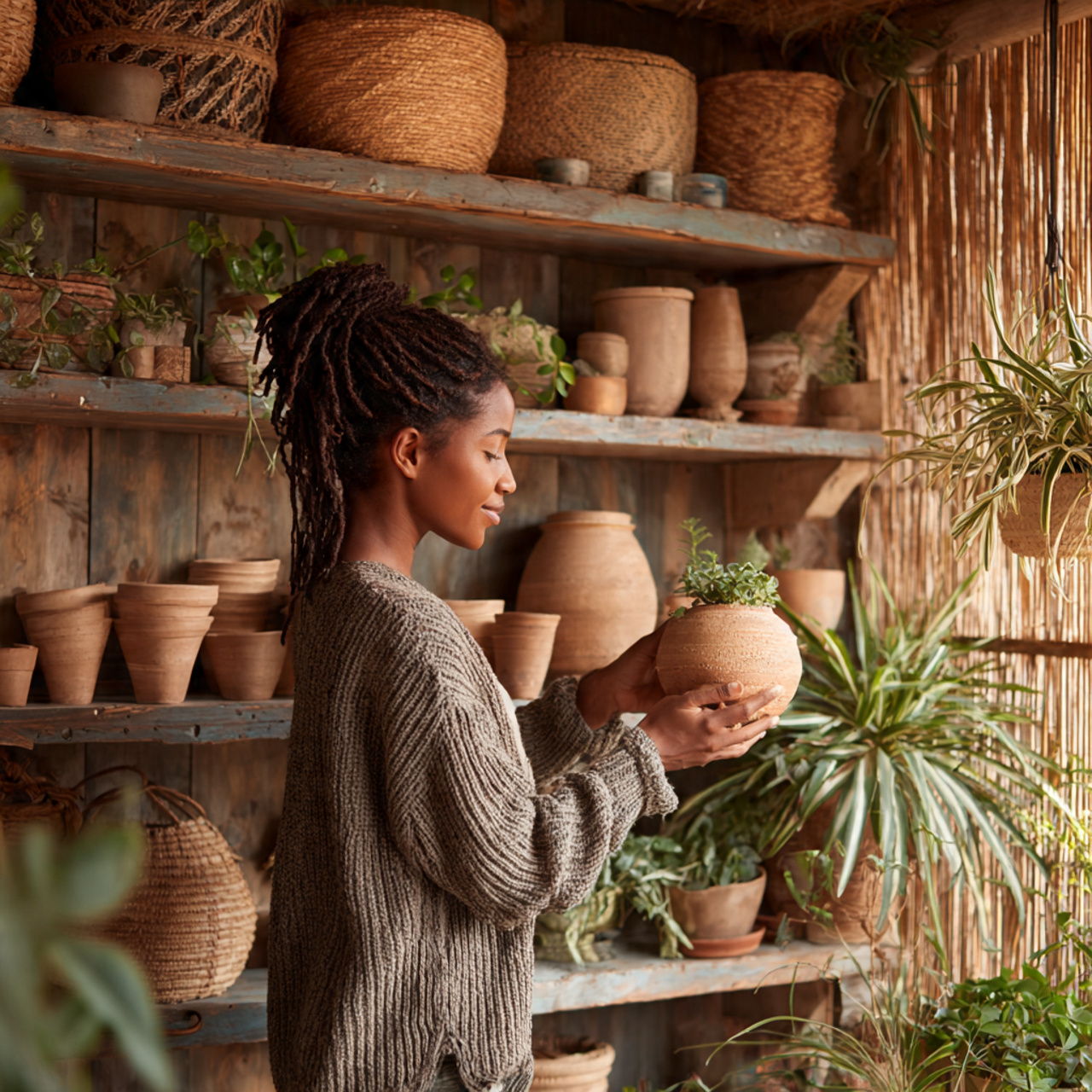 a cozy living room corner with shelves